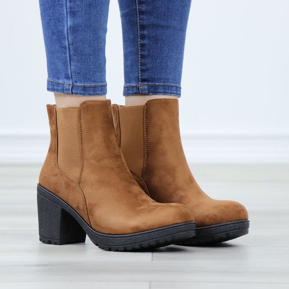 Chelsea Chunky Block High Heel Above Ankle Boots Brown Synthetic Suede - Picture 2 of 12